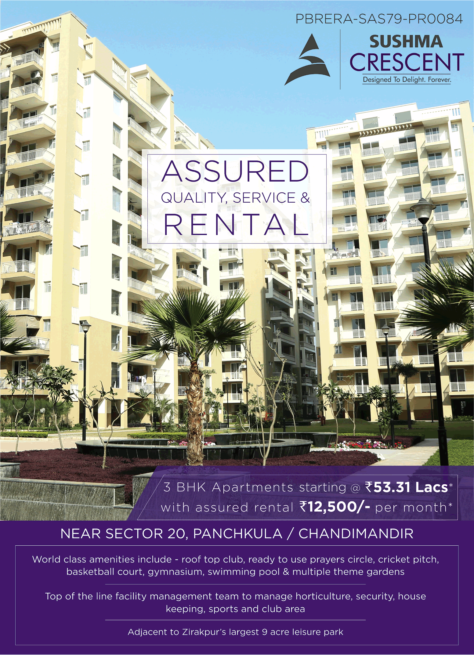 Book 3 bhk apartment at Rs 53.31 lakhs with assured rental Rs. 12500 pm at Sushma Crescent in Chandigarh